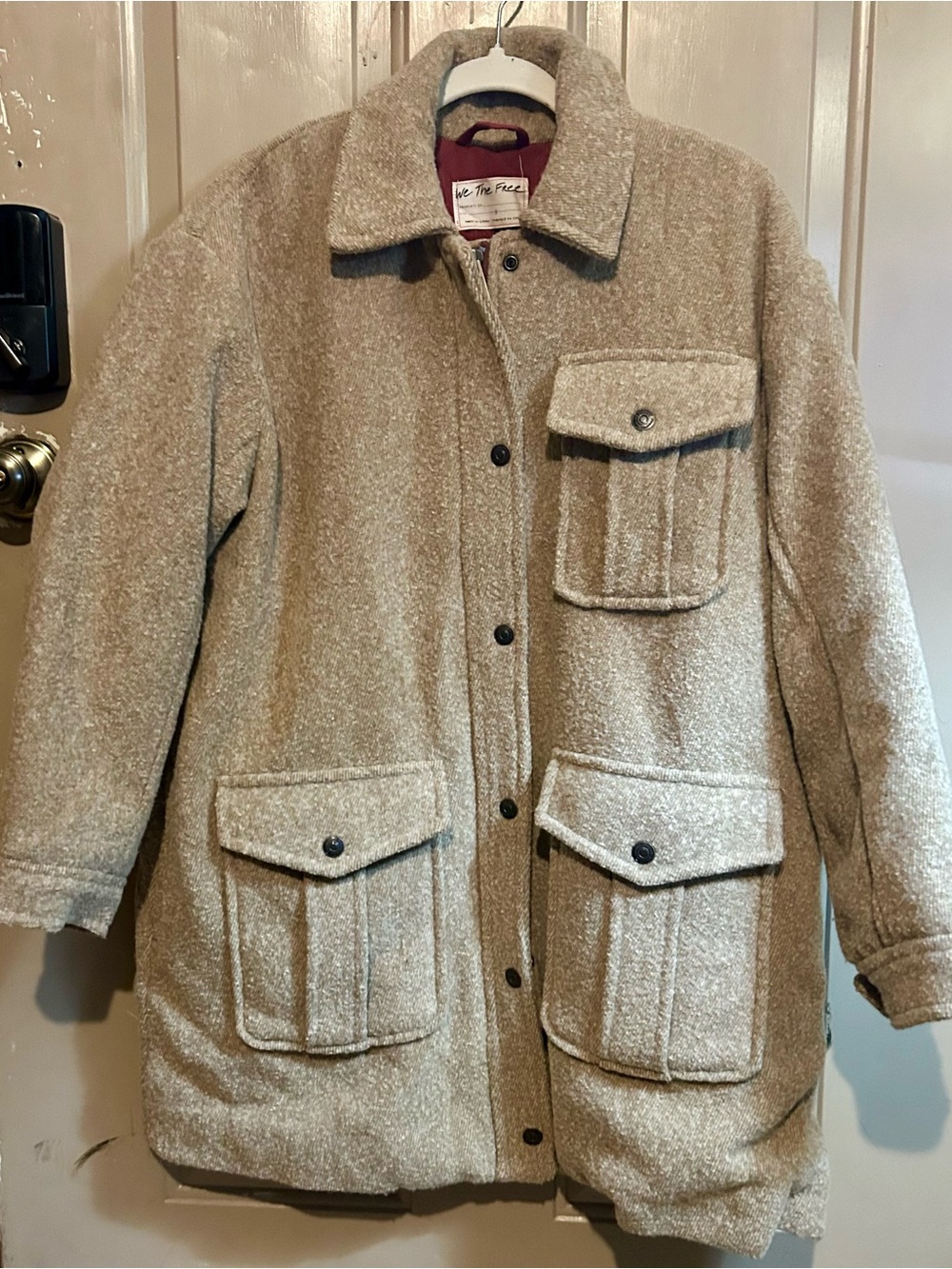 We The Free Textured Utility Jacket in Beige with brown snaps and quilt lined.